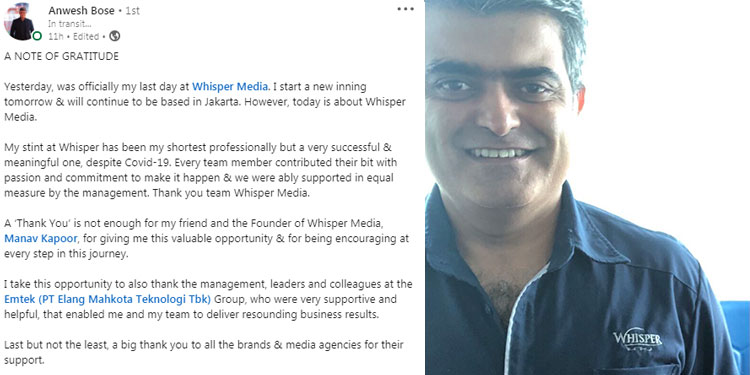 Anwesh Bose moves on from Whisper Media as CEO