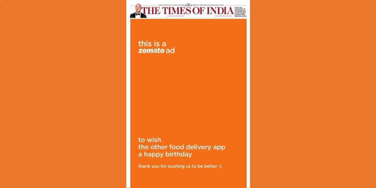 Zomato wishes rival Swiggy on birthday with minimalist print ad celebrating healthy competition